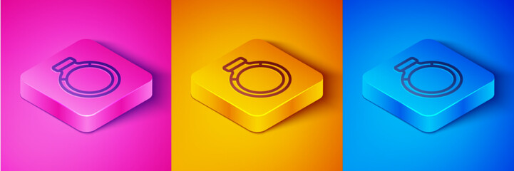 Wall Mural - Isometric line Gold ring icon isolated on pink and orange, blue background. Square button. Vector