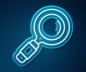 Poster - Glowing neon line Magnifying glass icon isolated on blue background. Search, focus, zoom, business symbol. Vector