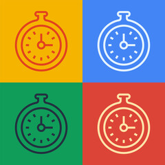 Poster - Pop art line Pocket watch icon isolated on color background. Vector