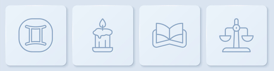 Sticker - Set line Gemini zodiac, Ancient magic book, Burning candle and Libra. White square button. Vector