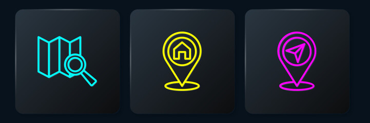 Poster - Set line Search location, Map pin and Location with house. Black square button. Vector