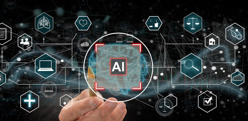 Leinwandbilder - Businesspeople may use the Internet to connect financial networks and do information searches on their mobile devices utilizing artificial intelligence.