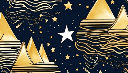 Wall Mural - Seamless pattern of the night sky with gold foil constellations stars and clouds watercolor