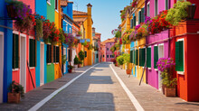 Colorful Street In Burano Near Venice Italy