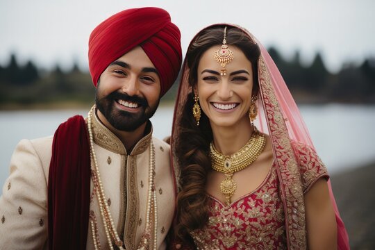 Smiling Punjabi Couple Indian Wedding Bride and Groom Generative Ai