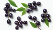 Frische Acai Beeren mit einzelnen Blättern und Kerne isoliert auf weißem Hintergrund, Berries with generative KI