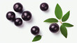 Frische Acai Beeren mit einzelnen Blättern und Kerne isoliert auf weißem Hintergrund, Berries with generative KI