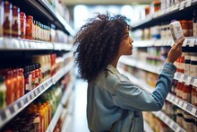 A Woman Carefully Evaluates Products In A Grocery Store, Considering Factors Such As Nutrition, Prices, And Ingredients, Showcasing Informed Consumer Behavior.
