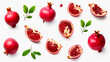 Frische Granatapfel mit einzelnen Blättern und Kerne isoliert auf weißem Hintergrund, Pomegranate with generative KI