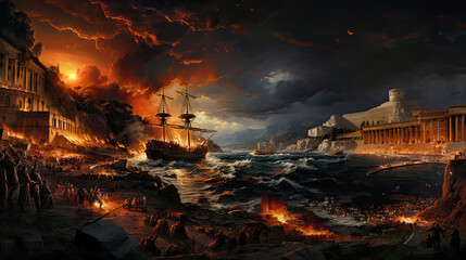 Fantasy Landscape with fight of pirate ship in ancient time.