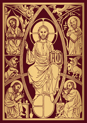 Wall Mural - Vector image of Christ Pantocrator for cutting plotter and printing, bible cover jesus and four evangelist line art