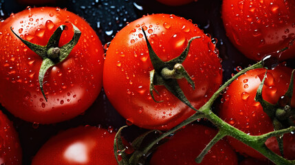 Wall Mural - Fresh red tomatoes with water drops background. Vegetables backdrop. Generative AI