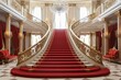Luxurious palace interior with ceremonial staircase and red carpet. Generative AI