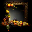 Colorful decorative fruit baroque wooden frame for images. Museum style, dark layout, black background. Isolated