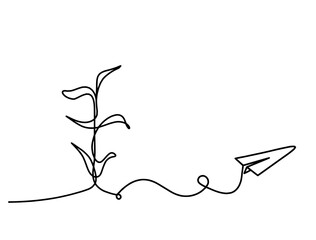 Wall Mural - Abstract sprout with paper plane as line drawing on the white background. Vector