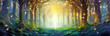 © BubertArt - Beautiful fantasy forest with fireflies, panoramic landscape, horizontal illustration. Generative AI