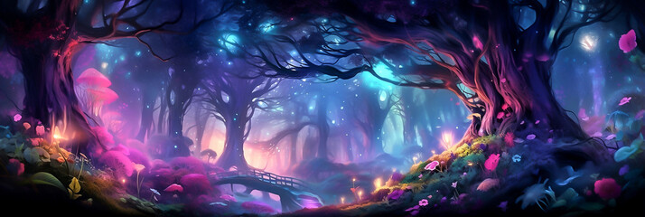 Wall Mural - panoramic illustration of fantasy fairytale night landscape with magic glowing forest. generative ai