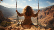 Against a backdrop of awe-inspiring scenery, an unburdened female traveler swings merrily with arms outstretched
