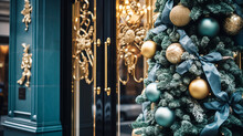 Christmas decoration details on English styled luxury high street city store door or shopping window display, holiday sale and shop decor
