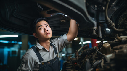 A portrait capturing an Asian auto technician conducting a thorough car safety check..