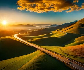 Wall Mural - Aerial view of road, hills, green meadows and colorful trees at sunset in autumn. Top view of mountain rural road, golden sky. Beautiful landscape with roadway