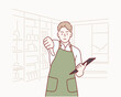 © autumnn - Youngman working as manager at book shop looking unhappy and angry showing rejection and negative with thumbs down. Hand drawn style vector design illustrations.