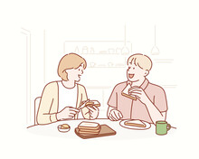 Happy Couple Having Breakfast Together In Kitchen. Hand Drawn Style Vector Design Illustrations.
