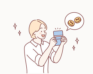 A young woman who looks happy when she sees her bankbook. Hand drawn style vector design illustrations.