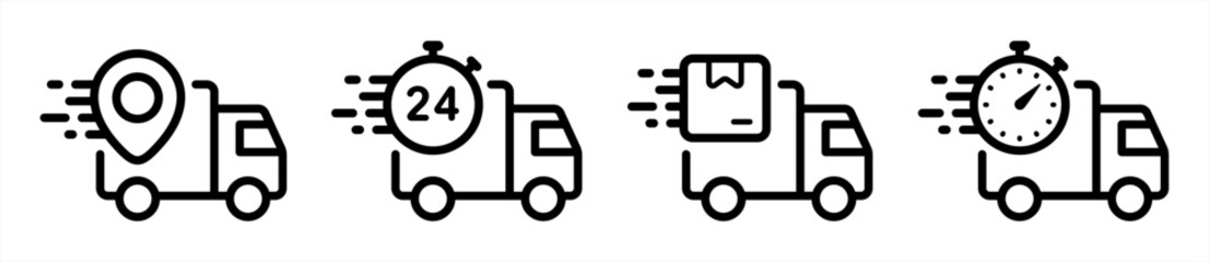 Delivery service icon set in line style. Logistic trucking, Express delivery trucks, Fast shipping truck, delivery 24 hours simple black style symbol sign for apps and website, vector illustration.