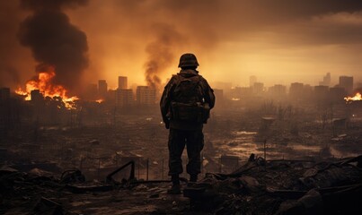 A soldier silhouette, viewed from behind, stands against the backdrop of a burning city, reflecting the grim reality of urban warfare and devastation.