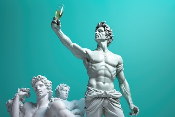 A statue of the man holding a champagne, Cheers!, A marble statue of a Greek man cheers, Generative ai