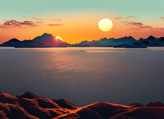 Beautiful sunset over the sea with mountains in the background. 3d render. Generative AI