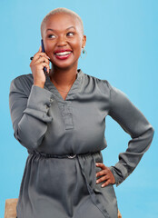 Aufkleber - Phone call, black woman and smile in studio for business networking, communication and startup on blue background. Smartphone, person and happiness for work conversation, chat and internet connection