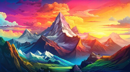 Wall Mural - Pop Art Style of a Mountain Range Landscape and rainbow