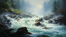 Painting Of A River With A Bunch Of Water Rushing