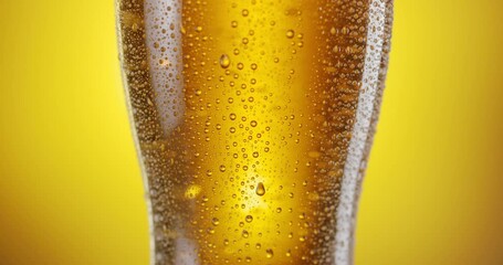 Canvas Print - Camera slowly rises up along a beer glass with light beer. There are a lot of condensation drops on the glass, beer foam on top. Yellow background. 