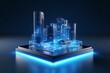 Modern residential technology integrated with high-rise buildings, featuring smart building systems. A futuristic smart home hologram is isolated on a blue background. Generative AI