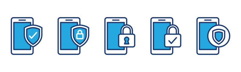 Poster - Mobile security icons. Cyber security, shield protection, safety, monitor, padlock, check mark icon symbol for apps and websites. Editable stroke. Vector illustration