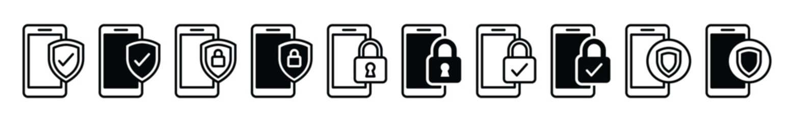 Poster - Mobile security thin line icons. Cyber security, shield protection, safety, monitor, padlock, check mark icon symbol for apps and websites. Editable stroke. Vector illustration