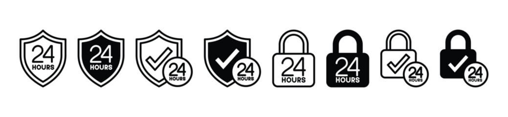 Poster - 24 hour security thin line icon for apps and websites. Safety, secure, protection for 24 hours icons symbol. Shield, padlock, lock, check mark icon. Vector illustration