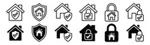 Home Insurance Line Icons. House Or Home Protection Icon Symbol. Safety, Security, Secure House. Shield, Padlock, Check Mark, Real Estate, Lock Icon Symbol. Vector Illustration