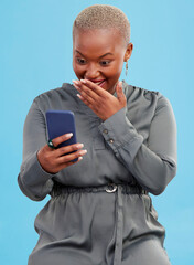 Wall Mural - Shocked, surprise and black woman excited for mobile app deal isolated in studio blue background with prize. Giveaway, African and happy person with promotion, bonus and competition notification