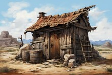 Old Wooden Desert Hut With A Cistern. Generative AI