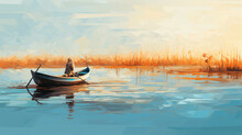 A Painting Of A Boat On A Lake With Reeds