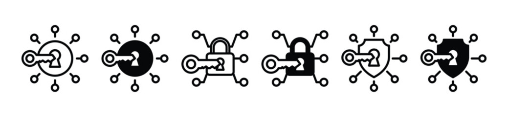 Poster - Encryption protection thin line icons. Cyber security, internet and network access with shield protect, padlock and key icon symbol. Vector illustration