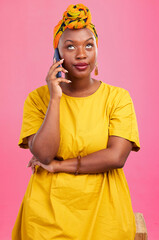 Aufkleber - Face, phone call and black woman in studio frustrated by phishing, scam or telemarketing spam on pink background. Smartphone, conversation and African female with eye roll emoji or annoyed attitude