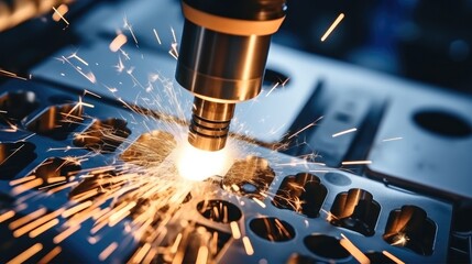 Fototapete - Laser CNC cut of metal with light spark.