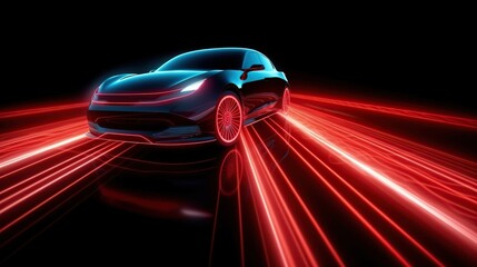 Red neon glowing in the dark electric car on high speed running concept