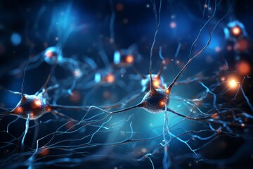Wall Mural - neuron cells neural network under microscope neuro research science brain signal information transfe