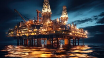 Poster - Oil and Gas Drilling Rig over Offshore Platform, Offshore oil rig at night.